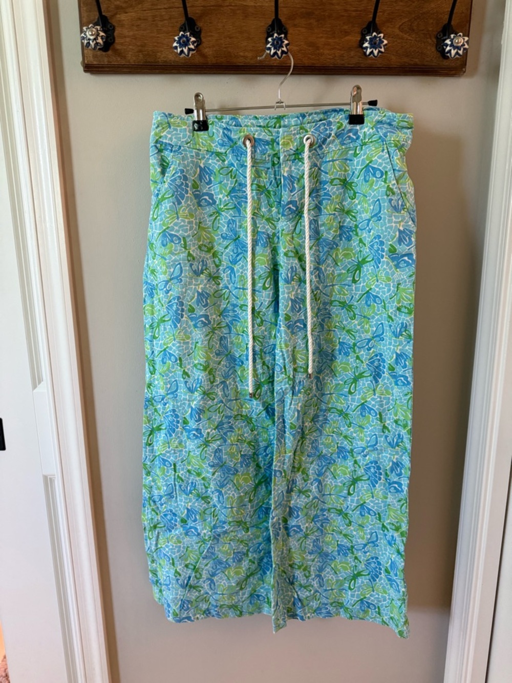 Lilly Pulitzer Blue and Green dragon fly Drawstring linen pants